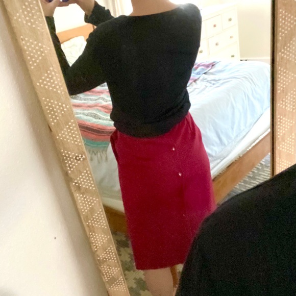 Vintage French Red Button Back Wool Pencil Skirt - Picture 6 of 10
